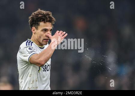 Leeds, Großbritannien. 22. Januar 2023. Rodrigo Moreno #19 von Leeds United macht beim Premier League-Spiel Leeds United gegen Brentford in Elland Road, Leeds, Großbritannien, 22. Januar 2023 (Foto von Mark Cosgrove/News Images) in Leeds, Großbritannien, am 1./22. Januar 2023 seine Nase frei. (Foto: Mark Cosgrove/News Images/Sipa USA) Guthaben: SIPA USA/Alamy Live News Stockfoto