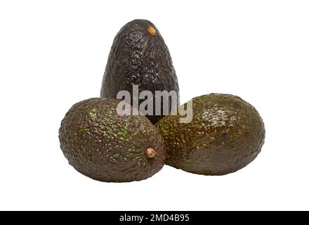 Bild von drei reifen Avocados auf weißem Hintergrund Stockfoto