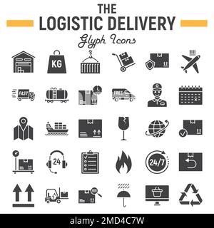 Logistischer Symbolsatz für Glyphen, Sammlung von Liefersymbolen, Vektorskizzen, Logoabbildungen, Versandzeichen ausgefüllte Piktogramme, isoliert auf weißem Hintergrund, eps 10. Stock Vektor