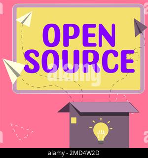 Textzeichen mit Open Source. Business Showcase mit Software, deren ursprünglicher Quellcode frei verfügbar ist Stockfoto