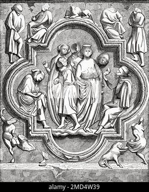 Bas-Relief vom Südportal von Notre-Dame de Paris, das bürgerliche Almosen für arme Schulkinder darstellt, Werk von Jean de Chelles 1257, Frankreich. Die Kunst des Mittelalters und zur Zeit der Renaissance von Paul Lacroix, 1874 Stockfoto