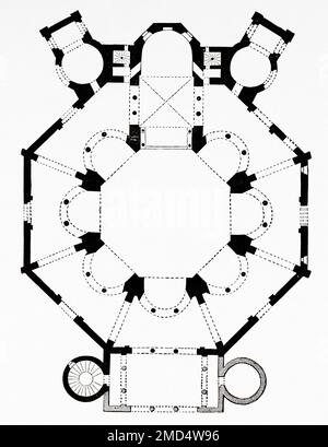 Grundriss der byzantinischen Kirche San Vitale aus dem 6. Jahrhundert in Ravenna, frühe christliche byzantinische Kunst und Architektur, Italien. Die Kunst des Mittelalters und zur Zeit der Renaissance von Paul Lacroix, 1874 Stockfoto