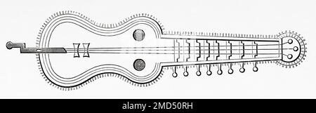 Das organistrum ist eine frühe Form von Hurdy-Gurdy. Der Vorfahre aller nachfolgenden Hurdy-Gurdies wurde von zwei Personen gespielt, von denen einer die Kurbel drehte, während der andere die Schlüssel nach oben zog, um die Tonhöhe der Melodie-Streicher im 9. Jahrhundert zu ändern. Die Kunst des Mittelalters und zur Zeit der Renaissance von Paul Lacroix, 1874 Stockfoto