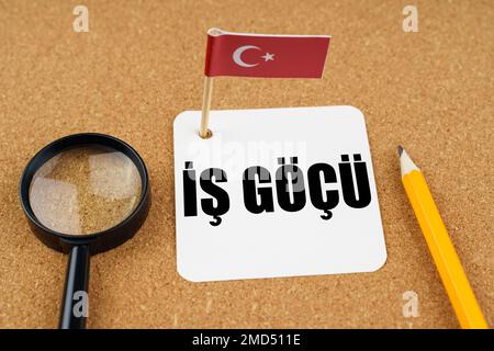 Auf dem Tisch liegt die türkische Flagge, ein Bleistift, eine Lupe und ein Blatt Papier mit einer Inschrift in Türkisch, übersetzt ins Englische - Busines Stockfoto