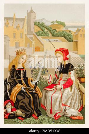 St. Katharina von Alexandria und St. Agnes von Rom, 15. Jahrhundert. Die Arbeit wurde Marguerite van Eyck zugeschrieben. Die Kunst des Mittelalters und zur Zeit der Renaissance von Paul Lacroix, 1874 Stockfoto