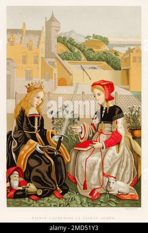 St. Katharina von Alexandria und St. Agnes von Rom, 15. Jahrhundert. Die Arbeit wurde Marguerite van Eyck zugeschrieben. Die Kunst des Mittelalters und zur Zeit der Renaissance von Paul Lacroix, 1874 Stockfoto