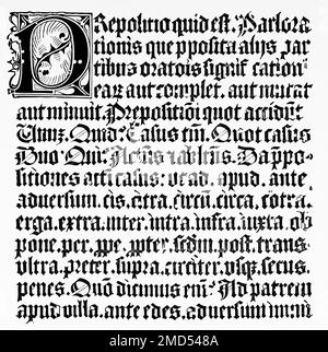 Seite mit Xylographie oder Holzgravierung über die Präposition aus einem Grammatikbuch gedruckt in Mainz von Johann Fust und Johannes Gutenberg, 1450. Die Kunst des Mittelalters und zur Zeit der Renaissance von Paul Lacroix, 1874 Stockfoto