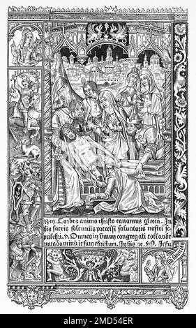 Die Beerdigung des toten Christus nach seinem Kreuzabstieg. Fax einer Seite aus einem Buch der Stunden, gedruckt 1512 von Simon vostre. Die Kunst des Mittelalters und zur Zeit der Renaissance von Paul Lacroix, 1874 Stockfoto