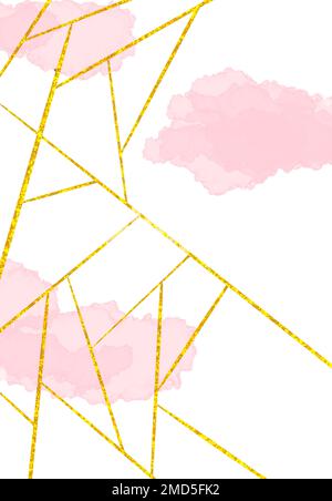 Pastellrosa und pinkfarbene Pinselstriche in Form von Wolken und goldenen Linien. Konturrahmen mit goldenen Linien. Stockfoto