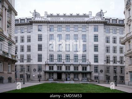 Wien, Osterreich, 2019. Dez.: Historisches Gebäude der Österreichischen Postsparbank. Entworfen vom berühmten österreichischen Architekten Otto Wagner, fertiggestellt Stockfoto