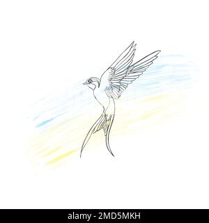 Line-Art-Darstellung eines fliegenden Vogels und der Flagge der ukraine. Stoppt den Krieg in der Ukraine Stockfoto