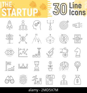 Startup dünne Linien Symbolsatz, Sammlung von Entwicklungssymbolen, Vektorskizzen, Logos Illustrationen, Business Finance Zeichen lineare Piktogramme Paket isoliert auf weißem Hintergrund, eps 10. Stock Vektor