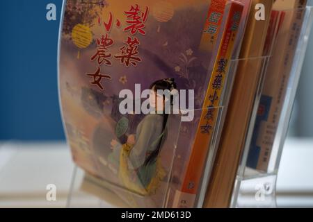 Die Spines of Chinese Books in der Cardiff Central Library, Cardiff, Wales Stockfoto