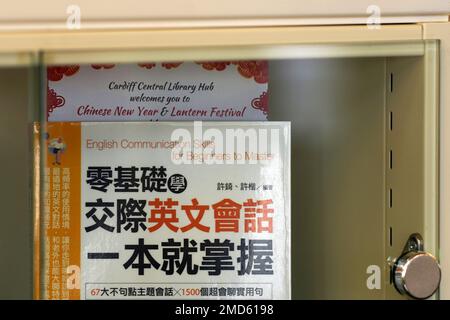 Die Spines of Chinese Books in der Cardiff Central Library, Cardiff, Wales Stockfoto