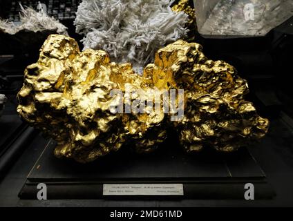 Wien, Österreich, 2019. Dezember: Riesige Goldprobe in der Sammlung von Mineralien und Steinen im Naturhistorischen Museum Stockfoto