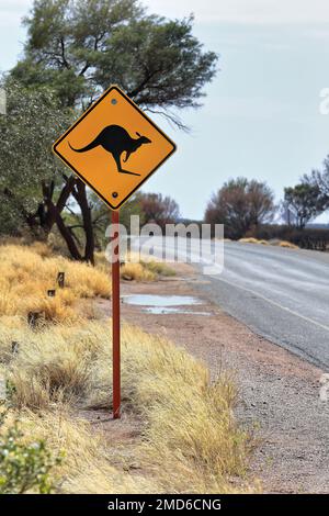 427 W-29-1 Straßenschild = schwarzes Känguru-Pikto auf rautenförmigem gelbem Hintergrund-Warnsymbol. Petermann-Australien. Stockfoto