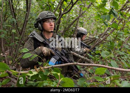 Offiziere des Spezialwaffenkommandos der Polizei von Anchorage (SWAT) halten während einer Ausbildungsübung für ländliche Einsätze auf der Gemeinsamen Basis Elmendorf-Richardson, Alaska, am 13. Juli 2022 Sicherheitskräfte. Die ausgedehnten und strengen Ausbildungsbereiche von JBER boten den idealen Rahmen für örtliche Einsatzteams der Strafverfolgungsbehörden, da sie ihre Fähigkeiten im ländlichen Bereich, Aufgabenplanung, Aufklärung, Sicherheitsverfahren für Hubschrauber, Landnavigation, Team-Bewegung und Patrouille. Stockfoto