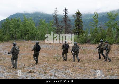Offiziere des Spezialwaffenkommandos der Polizei von Anchorage (SWAT) patrouillieren während einer Ausbildungsübung für ländliche Einsätze auf der Gemeinsamen Basis Elmendorf-Richardson, Alaska, 13. Juli 2022. Die ausgedehnten und strengen Ausbildungsbereiche von JBER boten den idealen Rahmen für örtliche Einsatzteams der Strafverfolgungsbehörden, da sie ihre Fähigkeiten im ländlichen Bereich, Aufgabenplanung, Aufklärung, Sicherheitsverfahren für Hubschrauber, Landnavigation, Team-Bewegung und Patrouille. Stockfoto