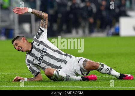 Turin, Italien. 22. Januar 2023. Angel Di Maria vom FC Juventus reagiert während des Fußballspiels der Serie A zwischen dem FC Juventus und Atalanta BC im Juventus Stadion in Turin (Italien) am 22. Januar 2022. Foto Giuliano Marchisciano/Insidefoto Credit: Insidefoto di andrea staccioli/Alamy Live News Stockfoto