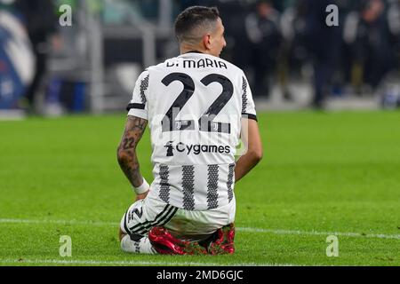 Turin, Italien. 22. Januar 2023. Angel Di Maria vom FC Juventus reagiert während des Fußballspiels der Serie A zwischen dem FC Juventus und Atalanta BC im Juventus Stadion in Turin (Italien) am 22. Januar 2022. Foto Giuliano Marchisciano/Insidefoto Credit: Insidefoto di andrea staccioli/Alamy Live News Stockfoto