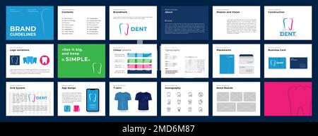 Vorlage für Markenrichtlinien. Präsentation zur Markenidentität. Vorlage für Logo-Richtlinien. Logo-Leitfaden. Logotyppräsentation für die Zahnklinik Stock Vektor