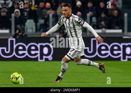 Turin, Italien. 22. Januar 2023. Filip Kostic vom FC Juventus in Aktion während des Fußballspiels der Serie A zwischen dem FC Juventus und Atalanta BC im Juventus Stadion in Turin (Italien), 22. Januar 2022. Foto Giuliano Marchisciano/Insidefoto Credit: Insidefoto di andrea staccioli/Alamy Live News Stockfoto