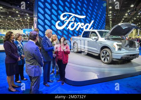 Präsident Joe Biden besucht die North American International Auto Show am Mittwoch, den 14. September 2022, am Huntington Place in Detroit. Stockfoto