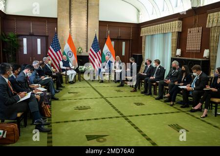 Bericht: Präsident Joe Biden nimmt an einem bilateralen Treffen mit dem indischen Premierminister Narendra Modi am Dienstag, den 24. Mai 2022, in Kantei in Tokio Teil. Stockfoto