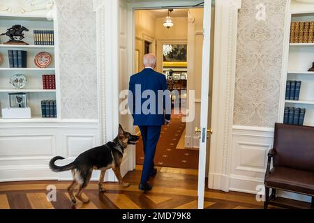 Präsident Joe Biden betritt den Speisesaal des Oval Office mit dem Hund der Biden-Familie Commander, Freitag, 4. März 2022 Stockfoto