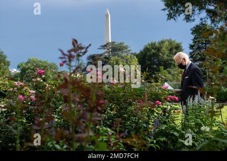 Reportage: Präsident Joe Biden spaziert durch den Rosengarten, Montag, 30. August 2021. Stockfoto