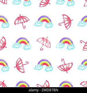 Regenschirme mit nahtlosem Muster. Kinderzeichnungen mit Wachsstiften. Regenbogen. Druck für Stoffdesign, Textil, Stoff Stock Vektor