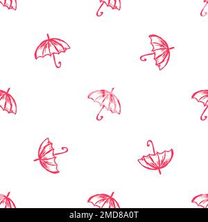 Regnerisches Nahtmuster. Kinderzeichnungen mit Wachsstiften. Regenschirme. Drucken für Textildesign Stock Vektor