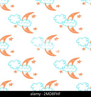 Himmlisch nahtloses Muster. Mond und Sterne. Kinderzeichnungen mit Wachsstiften. Druck für Textildesign, Textil, Stoff, Tapete, Geschenkpapier Stock Vektor