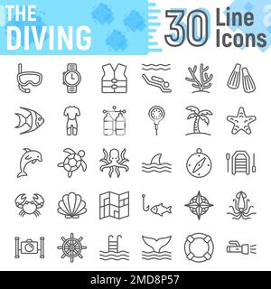 Symbolsatz für Tauchleine, Sammlung von Unterwassersymbolen, Vektorskizzen, Logoabbildungen, lineare Piktogramme für Meeresschilder, isoliert auf weißem Hintergrund, eps 10. Stock Vektor