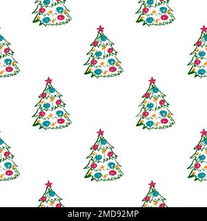 Nahtloses Weihnachtsmuster. Kinderzeichnungen mit Wachsstiften. Weihnachtsbaum, neues Jahr. Druck für Stoffdesign, Textil Stock Vektor
