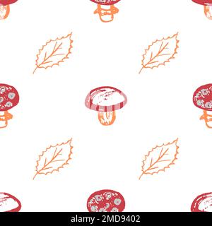 Nahtloses Herbstmuster. Kinderzeichnungen mit Wachsstiften. Pilze, gelbe Blätter. Druck für Stoffdesign, Textil Stock Vektor