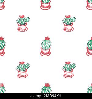 Nahtloses Kaktusmuster. Süße Kakteen in Töpfen. Kinderzeichnungen mit Wachsstiften. Für Design drucken Stock Vektor