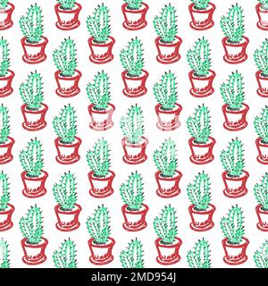 Nahtloses Kaktusmuster. Süße Kakteen in Töpfen. Kinderzeichnungen mit Wachsstiften. Druck für Textildesign, Textil, Geschenkpapier Stock Vektor