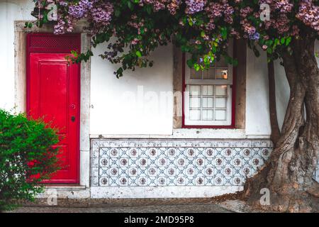 Eine Aufnahme der Fassade des Hauses mit bemalten, verzinnten Keramikfliesen mit Blumen, einem vertikalen Fenster mit rotem Fensterrahmen und einem hölzernen roten Fenster Stockfoto