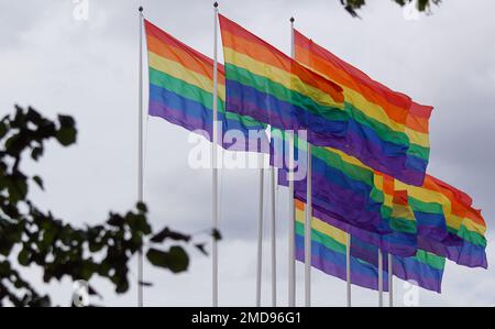 Niedriger Winkel mit Regenbogenflaggen am Himmel Stockfoto