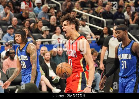 Orlando, Florida, USA, 20. Januar 2023, New Orleans Pelicans Center Jaxson Hayes #10 reagiert, nachdem er während der zweiten Hälfte im Amway Center ein Bad genommen hat. (Foto: Marty Jean-Louis) Stockfoto