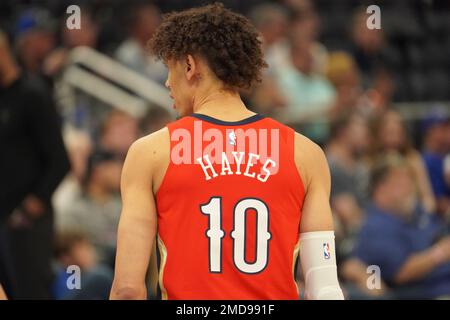 Orlando, Florida, USA, 20. Januar 2023, New Orleans Pelicans Center Jaxson Hayes #10 während der ersten Hälfte am Amway Center. (Foto: Marty Jean-Louis) Stockfoto