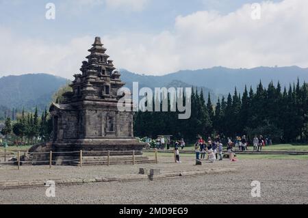 Banjarnegara, Indonesien - 20. Januar 2023: Touristen besuchen den Candi Arjuna Hindu-Tempel auf dem Dieng-Plateau. Stockfoto