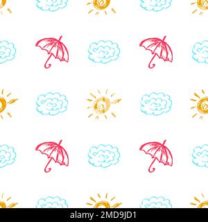 Regenschirme mit nahtlosem Muster. Kinderzeichnungen mit Wachsstiften. Regenbogen. Druck für Stoffdesign, Textil Stock Vektor