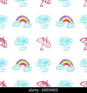 Regenschirme mit nahtlosem Muster. Kinderzeichnungen mit Wachsstiften. Wolken, Regen. Druck für Stoffdesign, Textil, Stoff, Tapete Stock Vektor