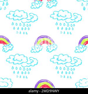 Nahtloses Himmelsmuster. Kinderzeichnungen mit Wachsstiften. Wolken, Regenbogen. Drucken für Textildesign Stock Vektor