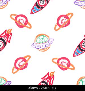 Nahtloses Muster im Raum. Raketen, UFO, Kometen. Kinderzeichnungen mit Wachsstiften. Druck für Stoffdesign, Textil, Stoff, Geschenkpapier Stock Vektor