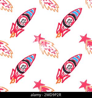 Nahtloses Muster im Raum. Raketen, Kometen. Kinderzeichnungen mit Wachsstiften. Druck für Stoffdesign, Textil, Stoff, Geschenkpapier Stock Vektor