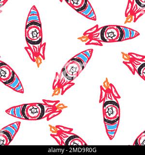 Nahtloses Muster im Raum. Raketen. Kinderzeichnungen mit Wachsstiften. Druck für Textildesign, Stoff, Geschenkpapier Stock Vektor