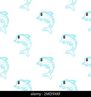 Nahtloses Marinemuster. Delfine. Kinderzeichnungen mit Wachsstiften. Druck für Stoffdesign, Textil, Stoff, Tapete Stock Vektor